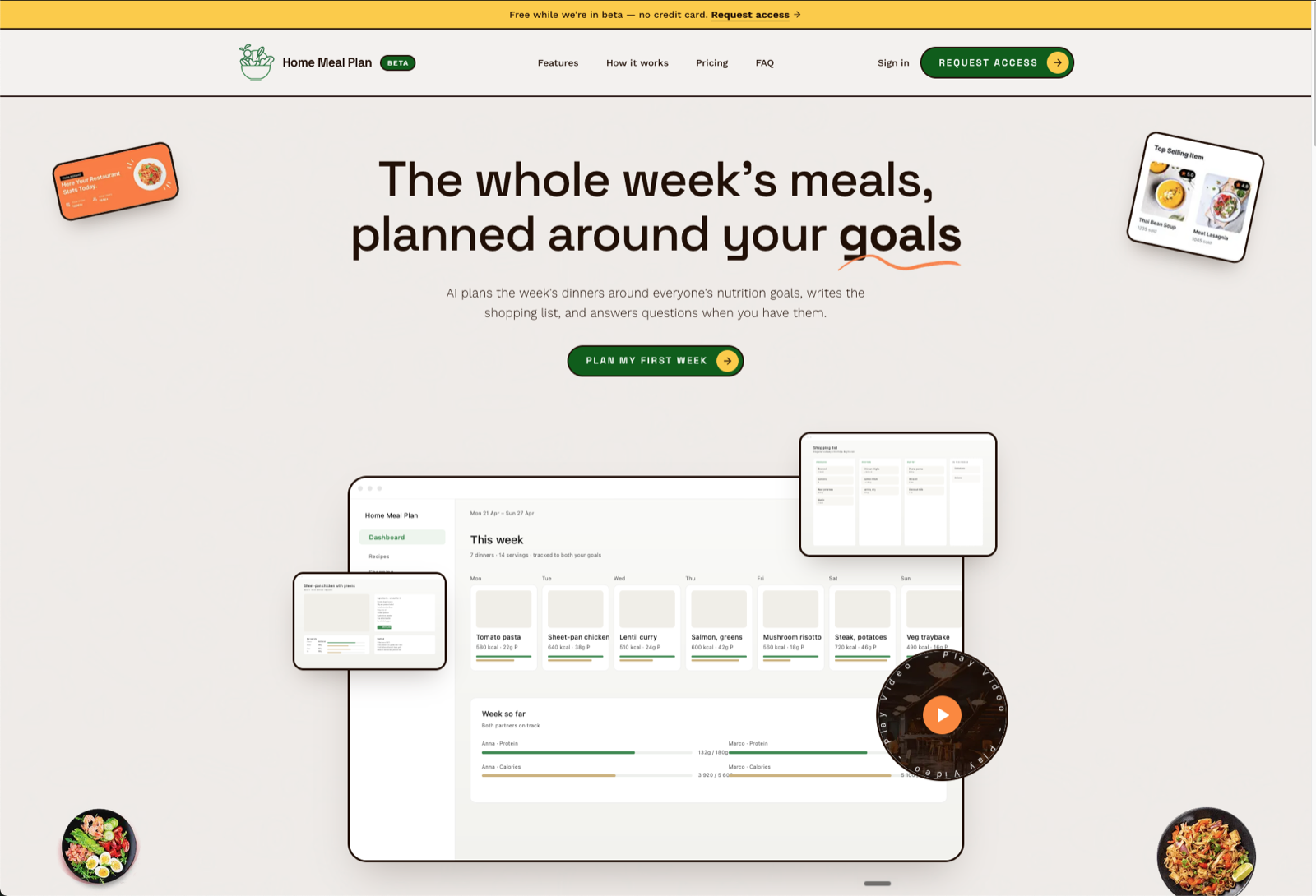 Home Meal Plan landing page — “The whole week's meals, planned around your goals”